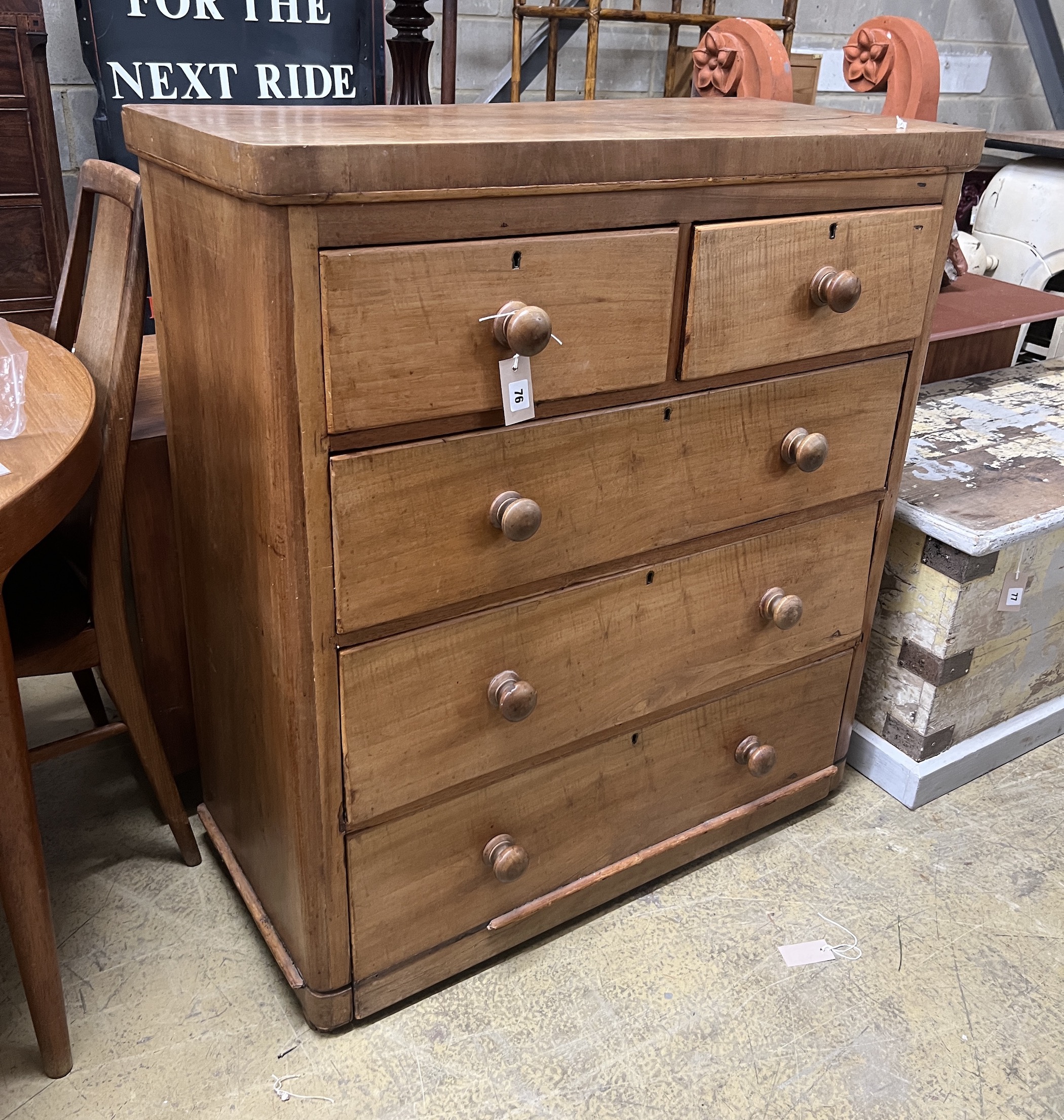 A Victorian faded mahogany chest of five drawers, width 96cm, depth 45cm, height 106cm